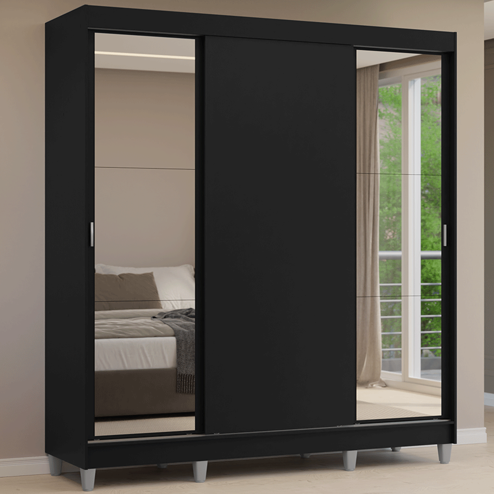 Placard Matrimonial con Patas 180 cm 3 Puertas con Espejos Reno Negro