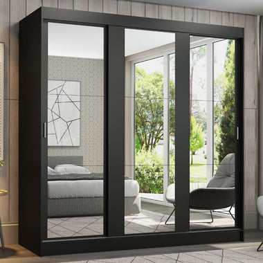 Placard Matrimonial 180 cm 3 Puertas Corredizas 4 Cajones con 3 Espejos Negro Reno Madesa