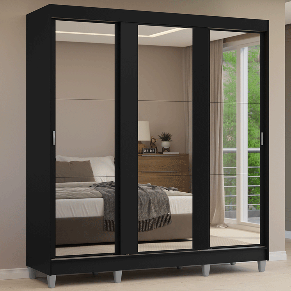 Placard Matrimonial con Patas 180 cm 3 Puertas con 3 Espejos Reno Negro