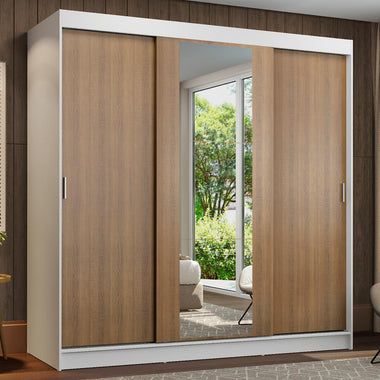 Placard Matrimonial 180 cm 3 Puertas Corredizas 4 Cajones con 1 Espejo Blanco/Marrón Reno Madesa