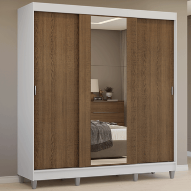 Placard Matrimonial 180 cm 3 Puertas Corredizas 4 Cajones con 1 Espejo y Patas Blanco/Marrón Reno Madesa