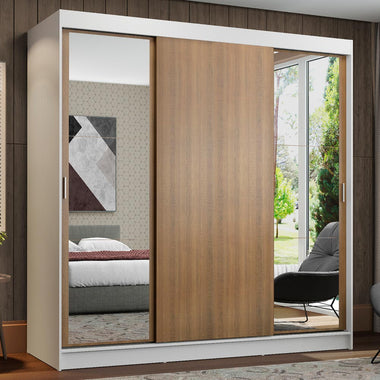 Placard Matrimonial 180 cm 3 Puertas Corredizas 4 Cajones con 2 Espejos Blanco/Marrón Reno Madesa