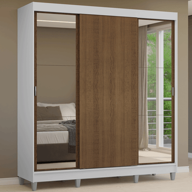 Placard Matrimonial 180 cm 3 Puertas Corredizas 4 Cajones con 2 Espejos y Patas Blanco/Marrón Reno Madesa