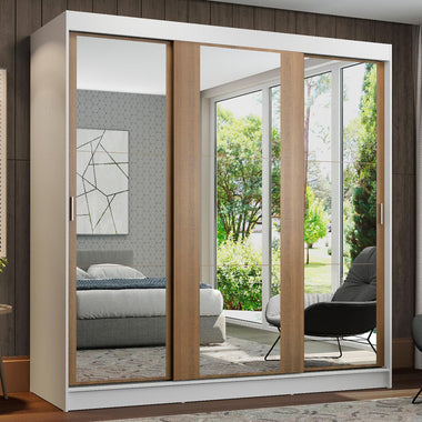 Placard Matrimonial 180 cm 3 Puertas Corredizas 4 Cajones con 3 Espejos Blanco/Marrón Reno Madesa