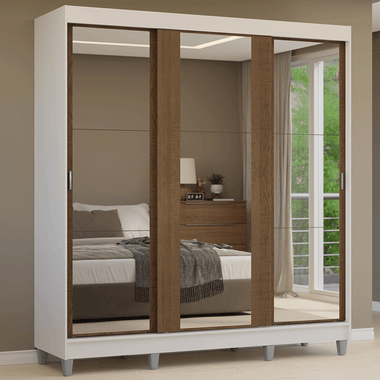 Placard Matrimonial 180 cm 3 Puertas Corredizas 4 Cajones con 3 Espejos y Patas Blanco/Marrón Reno Madesa