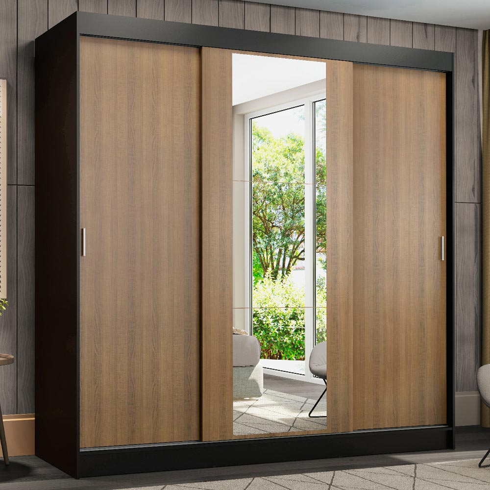 Placard Matrimonial Reno 3 Puertas Corredizas con Espejo Negro/Marrón