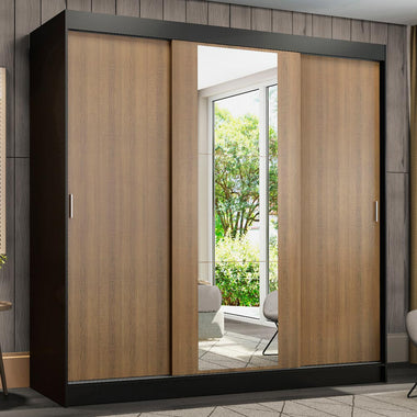 Placard Matrimonial 180 cm 3 Puertas Corredizas 4 Cajones con 1 Espejo Negro/Marrón Reno Madesa