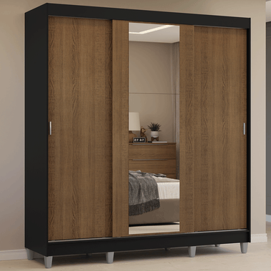 Placard Matrimonial 180 cm 3 Puertas Corredizas 4 Cajones con 1 Espejo y Patas Negro/Marrón Reno Madesa