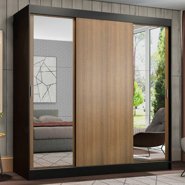 Placard Matrimonial 180 cm 3 Puertas Corredizas 4 Cajones con 2 Espejos Negro/Marrón Reno Madesa