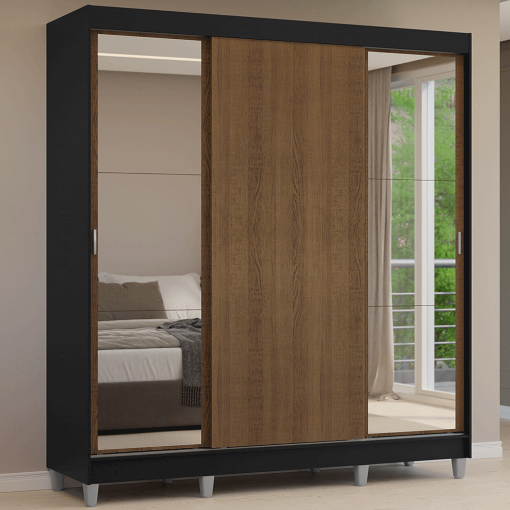 Placard Matrimonial con Patas 180 cm 3 Puertas con Espejos Reno Negro/Marrón