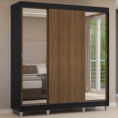 Placard Matrimonial 180 cm 3 Puertas Corredizas 4 Cajones con 2 Espejos y Patas Negro/Marrón Reno Madesa