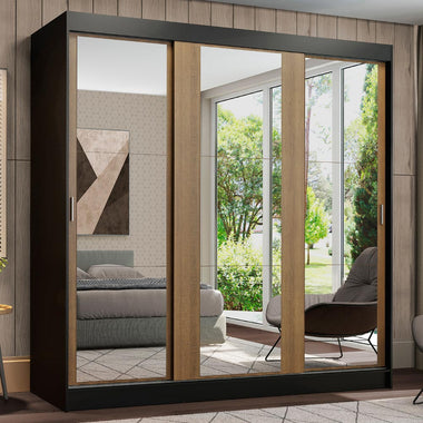 Placard Matrimonial 180 cm 3 Puertas Corredizas 4 Cajones con 3 Espejos Negro/Marrón Reno Madesa