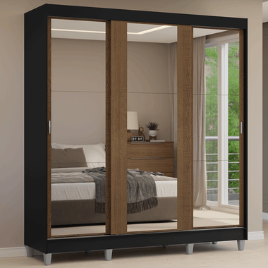 Placard Matrimonial 180 cm 3 Puertas Corredizas 4 Cajones con 3 Espejos y Patas Negro/Marrón Reno Madesa