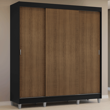 Placard Matrimonial 180 cm 3 Puertas Corredizas 4 Cajones y Patas Negro/Marrón Reno Madesa