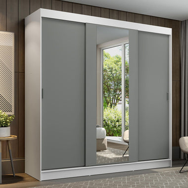 Placard Matrimonial 180 cm 3 Puertas Corredizas 4 Cajones con 1 Espejo Blanco/Gris Reno Madesa
