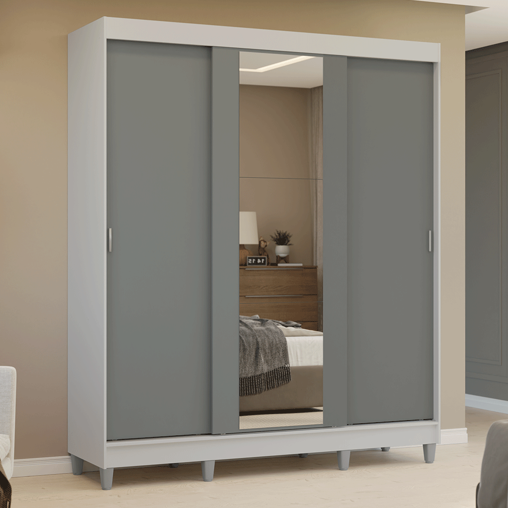 Placard Matrimonial con Patas 180 cm 3 Puertas con Espejo Reno Blanco/Gris
