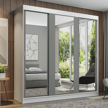 Placard Matrimonial 180 cm 3 Puertas Corredizas 4 Cajones con 3 Espejos Blanco/Gris Reno Madesa
