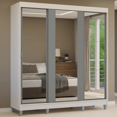 Placard Matrimonial 180 cm 3 Puertas Corredizas 4 Cajones con 3 Espejos y Patas Blanco/Gris Reno Madesa