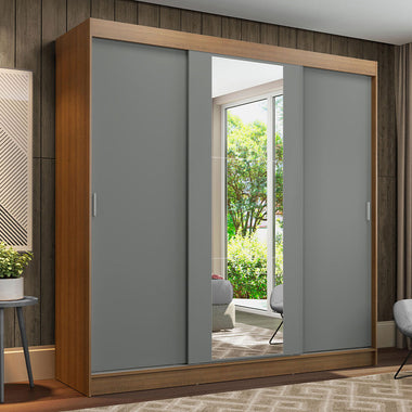 Placard Matrimonial 180 cm 3 Puertas Corredizas 4 Cajones con 1 Espejo Marrón/Gris Reno Madesa