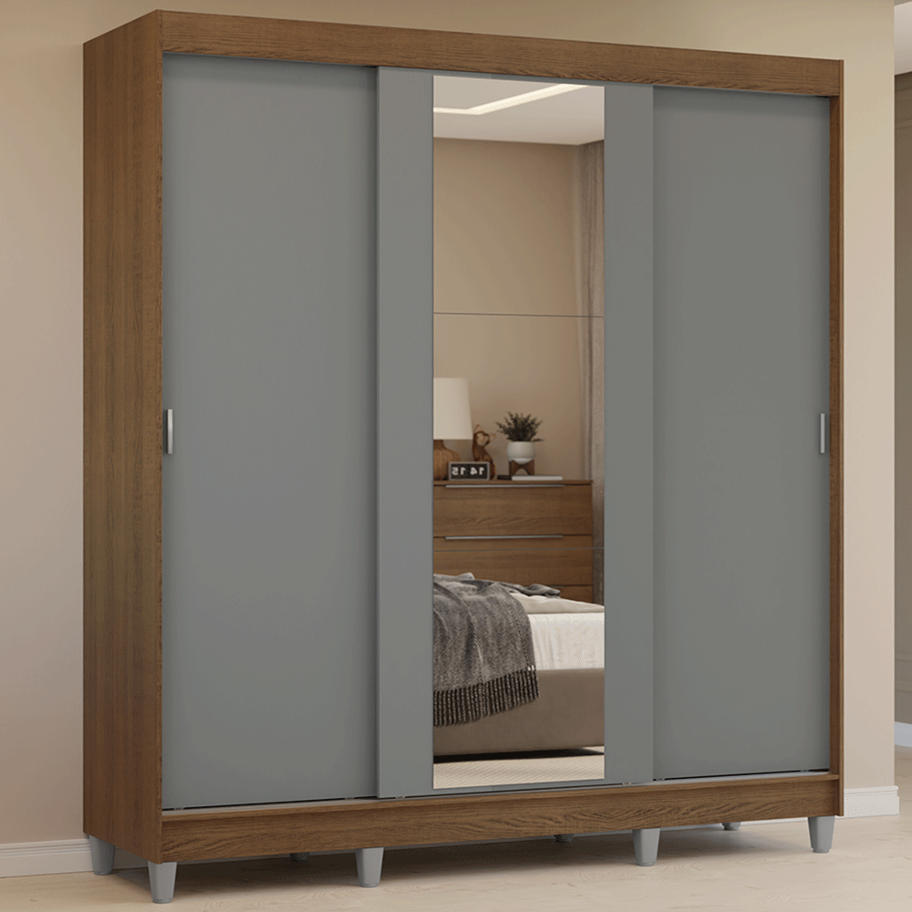 Placard Matrimonial con Patas 180 cm 3 Puertas con Espejo Reno Marrón/Gris