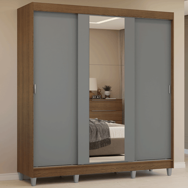 Placard Matrimonial 180 cm 3 Puertas Corredizas 4 Cajones con 1 Espejo y Patas Marrón/Gris Reno Madesa