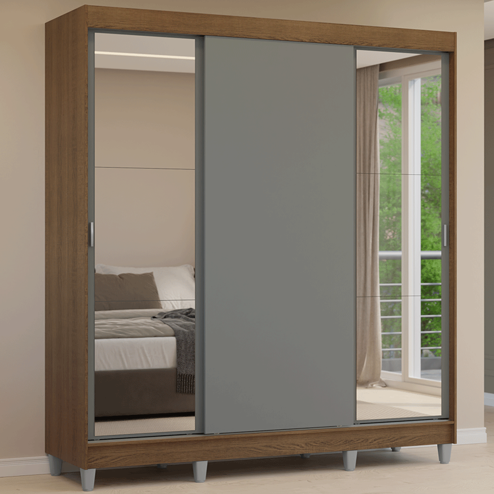 Placard Matrimonial con Patas 180 cm 3 Puertas con Espejos Reno Marrón/Gris