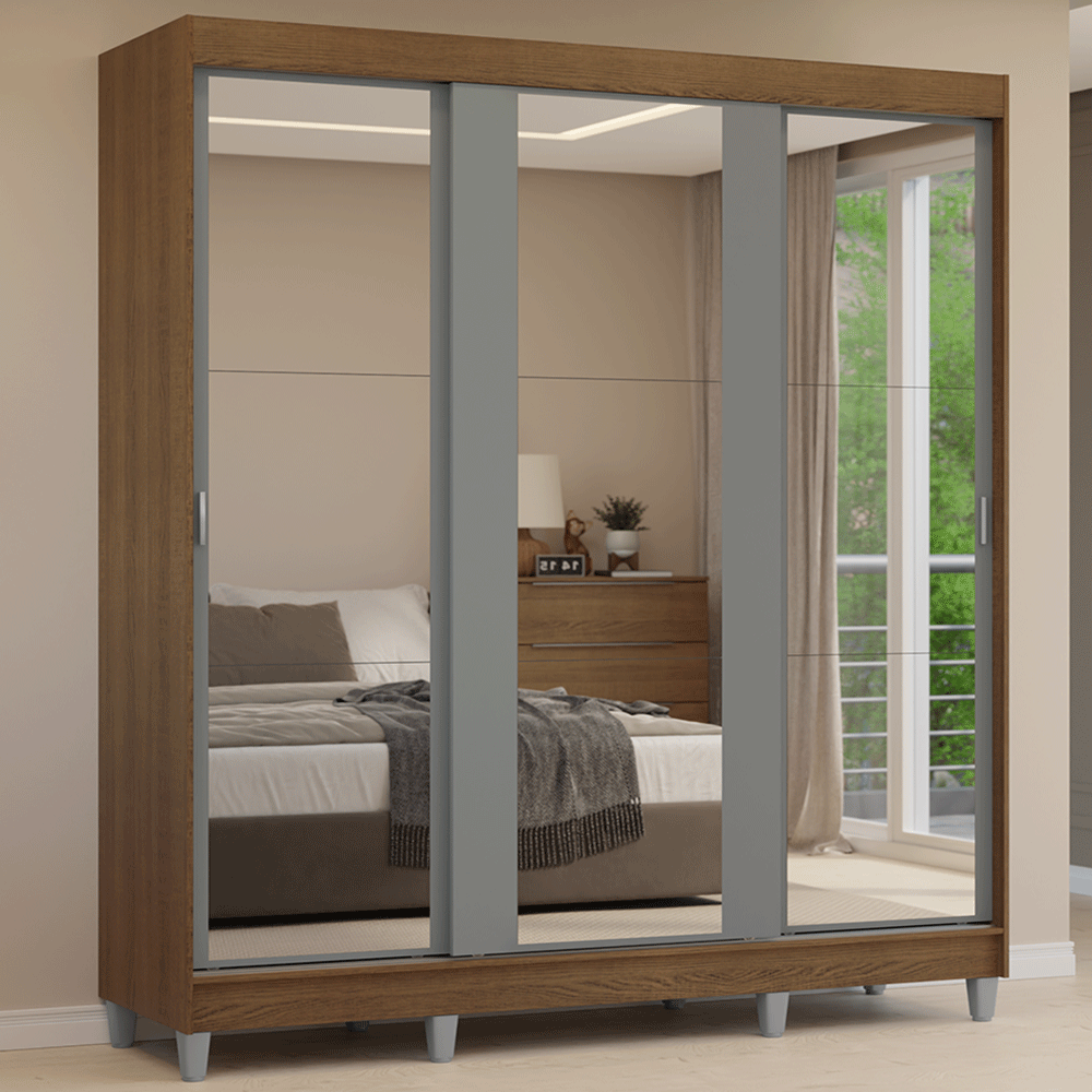 Placard Matrimonial con Patas 180 cm 3 Puertas con 3 Espejos Reno Marrón/Gris