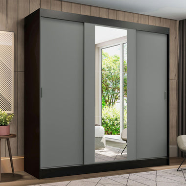 Placard Matrimonial 180 cm 3 Puertas Corredizas 4 Cajones con 1 Espejo Negro/Gris Reno Madesa