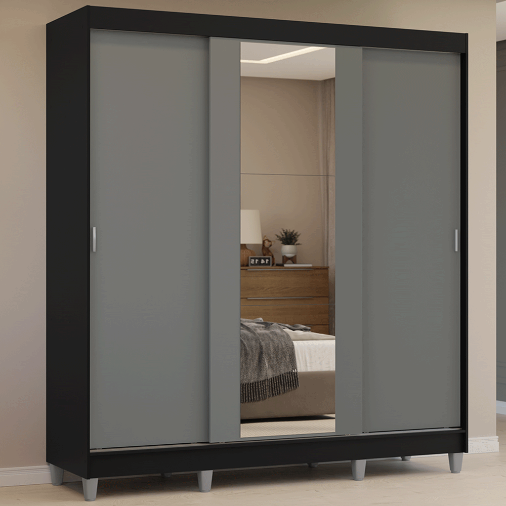Placard Matrimonial con Patas 180 cm 3 Puertas con Espejo Reno Negro/Gris