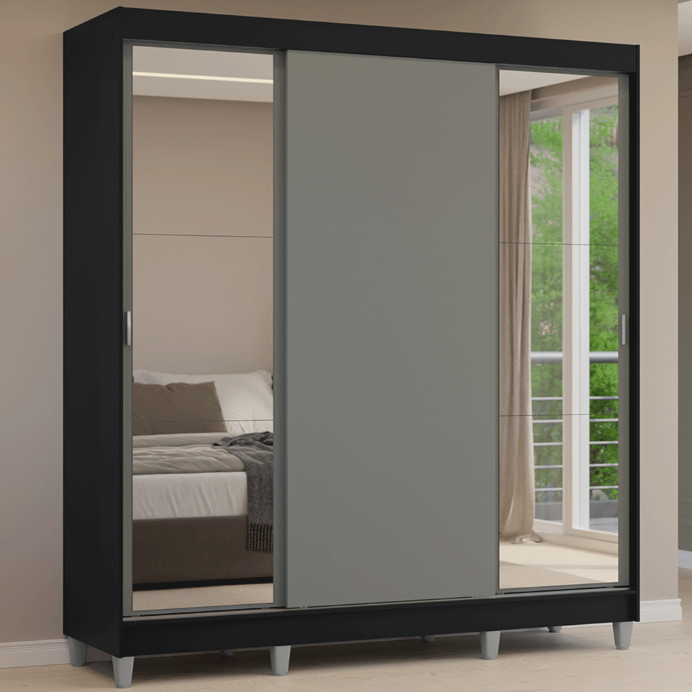 Placard Matrimonial con Patas 180 cm 3 Puertas con Espejos Reno Negro/Gris
