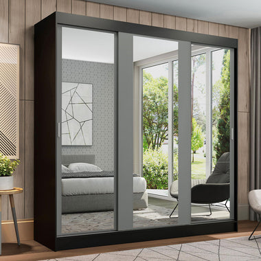 Placard Matrimonial 180 cm 3 Puertas Corredizas 4 Cajones con 3 Espejos Negro/Gris Reno Madesa