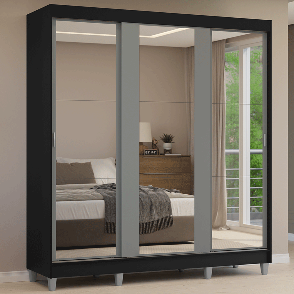 Placard Matrimonial con Patas 180 cm 3 Puertas con 3 Espejos Reno Negro/Gris