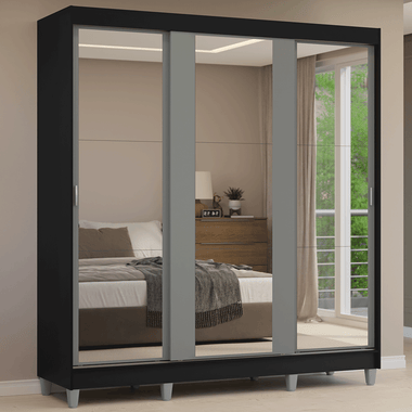 Placard Matrimonial 180 cm 3 Puertas Corredizas 4 Cajones con 3 Espejos y Patas Negro/Gris Reno Madesa