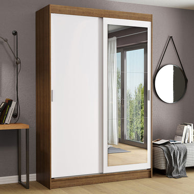 Placard Soltero 109 cm 2 Puertas Corredizas 2 Cajones con 1 Espejo Marrón/Blanco Tokio Madesa