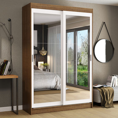 Placard Soltero 109 cm 2 Puertas Corredizas 2 Cajones con 2 Espejos Marrón/Blanco Tokio Madesa