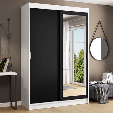 Placard Soltero 109 cm 2 Puertas Corredizas 2 Cajones con 1 Espejo Blanco/Negro Tokio Madesa