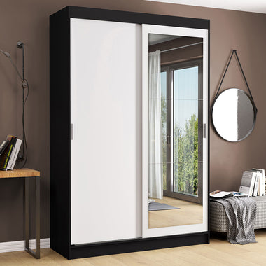 Placard Soltero 109 cm 2 Puertas Corredizas 2 Cajones con 1 Espejo Negro/Blanco Tokio Madesa