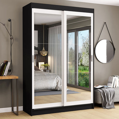 Placard Soltero 109 cm 2 Puertas Corredizas 2 Cajones con 2 Espejos Negro/Blanco Tokio Madesa