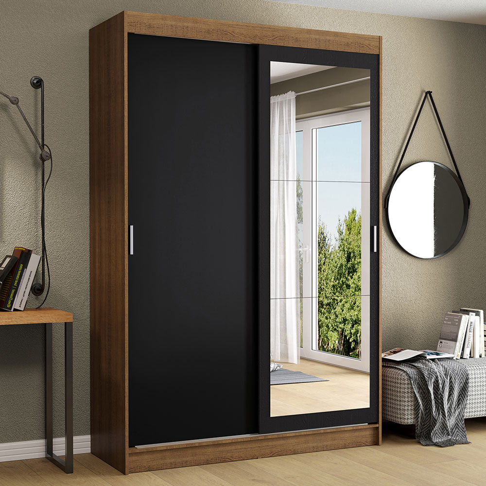 Placard Ropero Solteiro Madesa Tokio 2 Puertas Corredizas con Espejo 2 Cajones Marrón/Negro