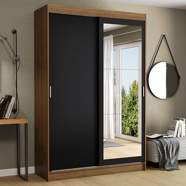 Placard Soltero 109 cm 2 Puertas Corredizas 2 Cajones con 1 Espejo Marrón/Negro Tokio Madesa
