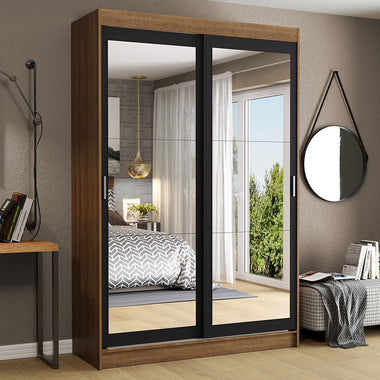 Placard Soltero 109 cm 2 Puertas Corredizas 2 Cajones con 2 Espejos Marrón/Negro Tokio Madesa