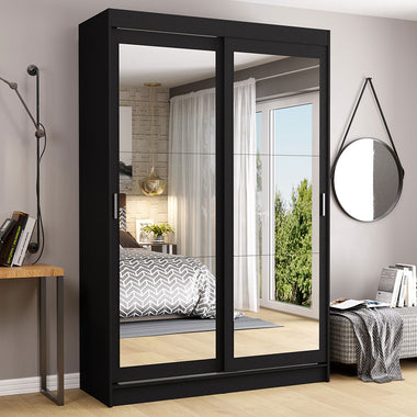 Placard Soltero 109 cm 2 Puertas Corredizas 2 Cajones con 2 Espejos Negro Tokio Madesa