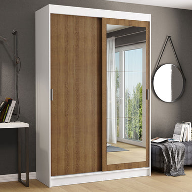 Placard Soltero 109 cm 2 Puertas Corredizas 2 Cajones con 1 Espejo Blanco/Marrón Tokio Madesa