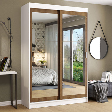 Placard Soltero 109 cm 2 Puertas Corredizas 2 Cajones con 2 Espejos Blanco/Marrón Tokio Madesa