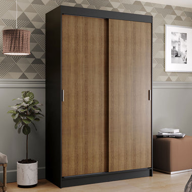 Placard Soltero 109 cm 2 Puertas Corredizas 2 Cajones Negro/Marrón Tokio Madesa