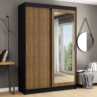 Placard Soltero 109 cm 2 Puertas Corredizas 2 Cajones con 1 Espejo Negro/Marrón Tokio Madesa