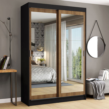Placard Soltero 109 cm 2 Puertas Corredizas 2 Cajones con 2 Espejos Negro/Marrón Tokio Madesa