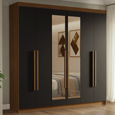 Placard Matrimonial 180 cm 6 Puertas Batientes 4 Cajones con 2 Espejos Marrón/Negro Venus Madesa