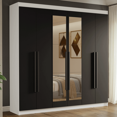 Placard Matrimonial 180 cm 6 Puertas Batientes 4 Cajones con 2 Espejos Blanco/Negro Venus Madesa