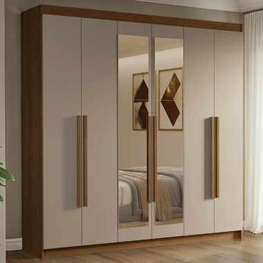 Placard Matrimonial 180 cm 6 Puertas Batientes 4 Cajones con 2 Espejos Marrón/Crema Venus Madesa